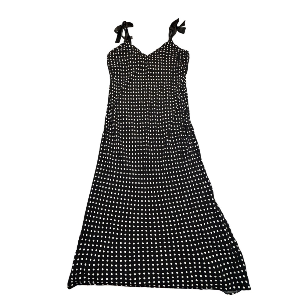 Zara Polka Dot Midi Dress Black Satin Tie Shoulder XL Retro Romantic European
